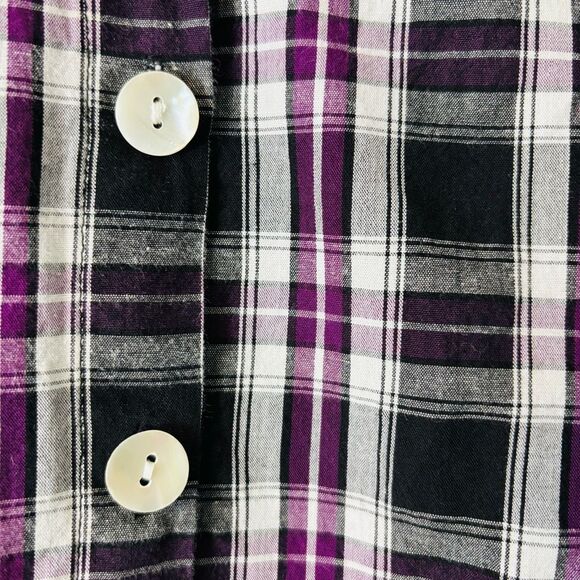 Tulip plaid cotton asymmetrical flounce back black purple white button up tunic - Picture 6 of 11